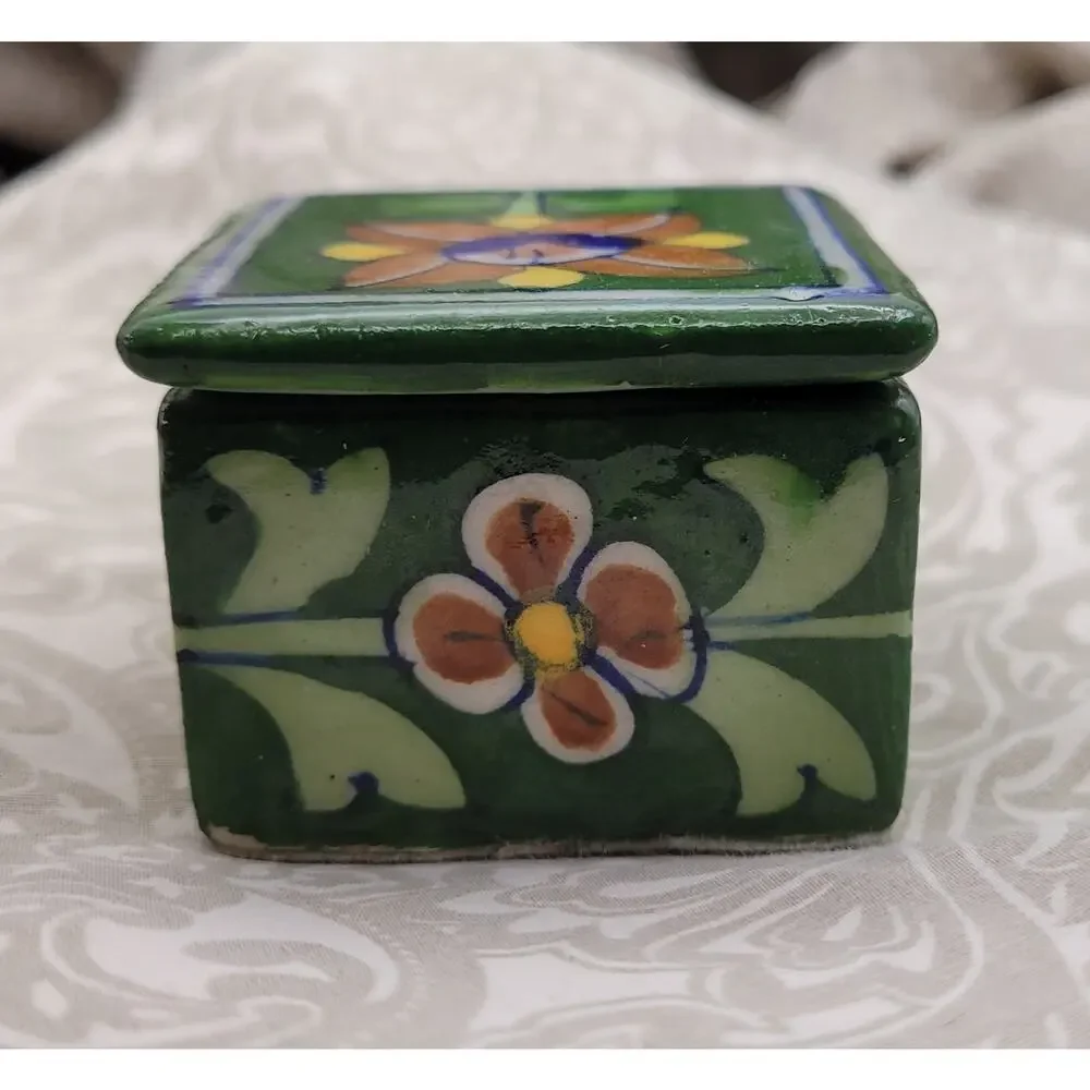 Vintage Ceramic Talavera Green Floral Hand Painted Jewlery Trinket Box, Wedding